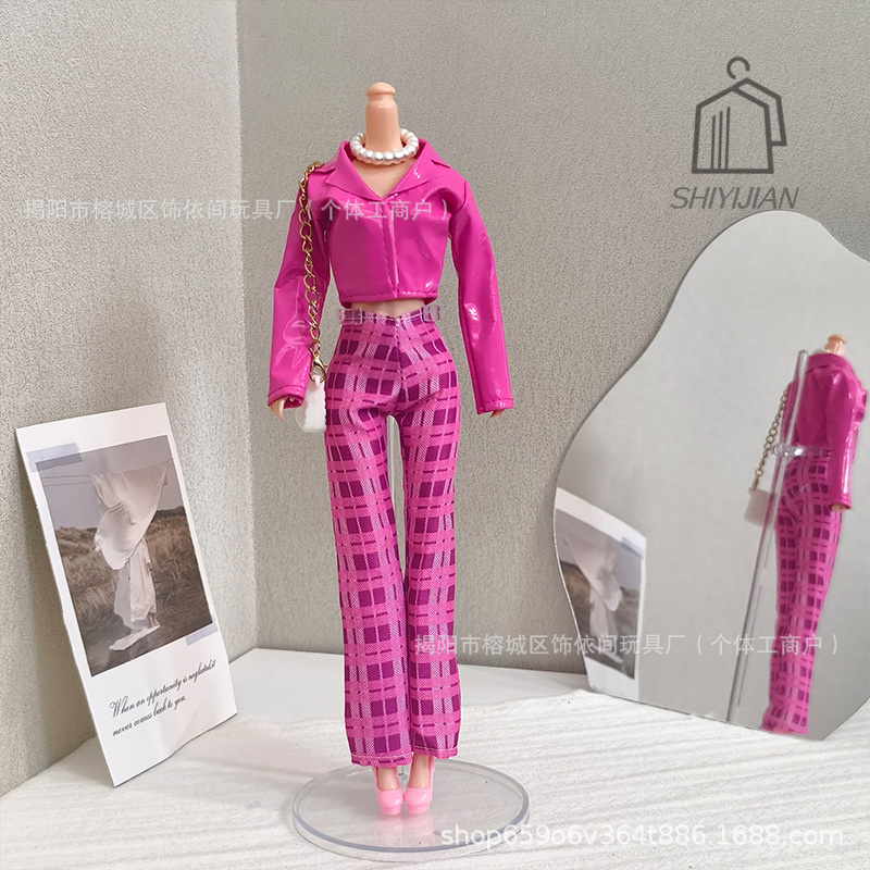 11-Inch 6-Point Barbie Doll Set Barbie Pink Leather Jacket Winter Fashion Set Princess Dress-Up Clothing Accessories