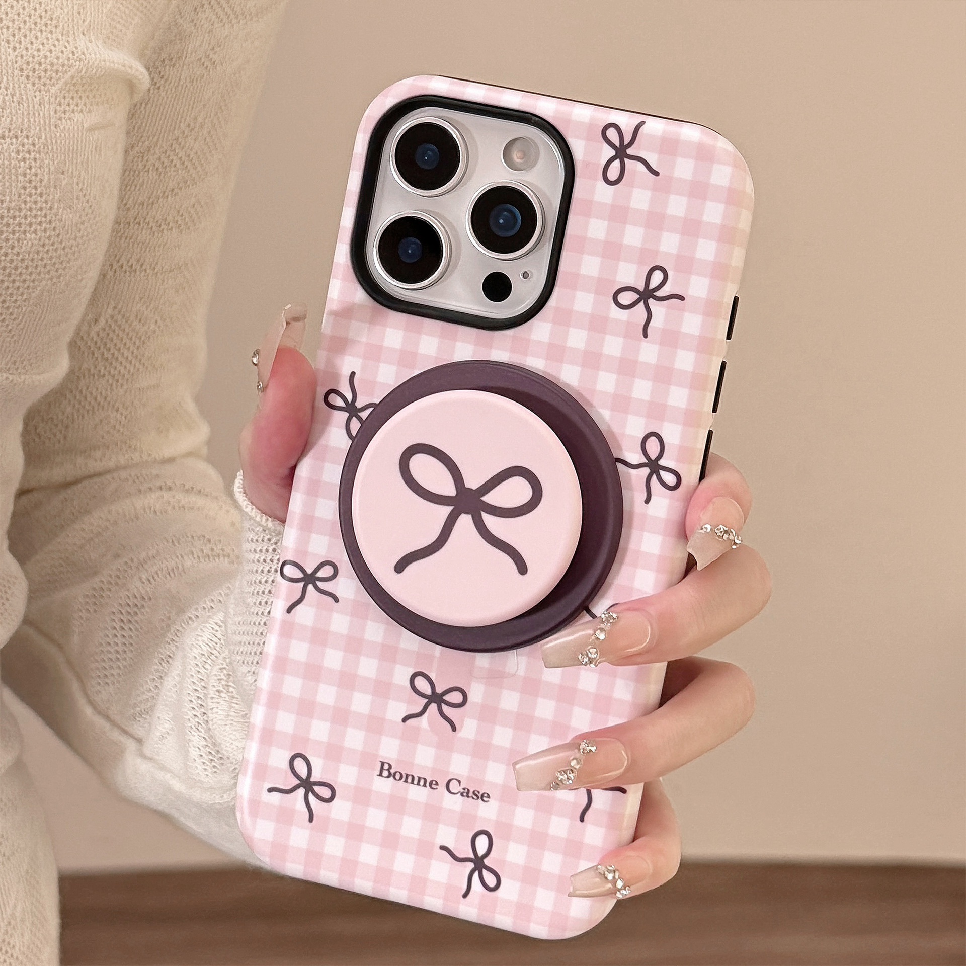 Magnetic Phone Case With Kickstand Plaid Bow Pattern For Iphone_voghion.com