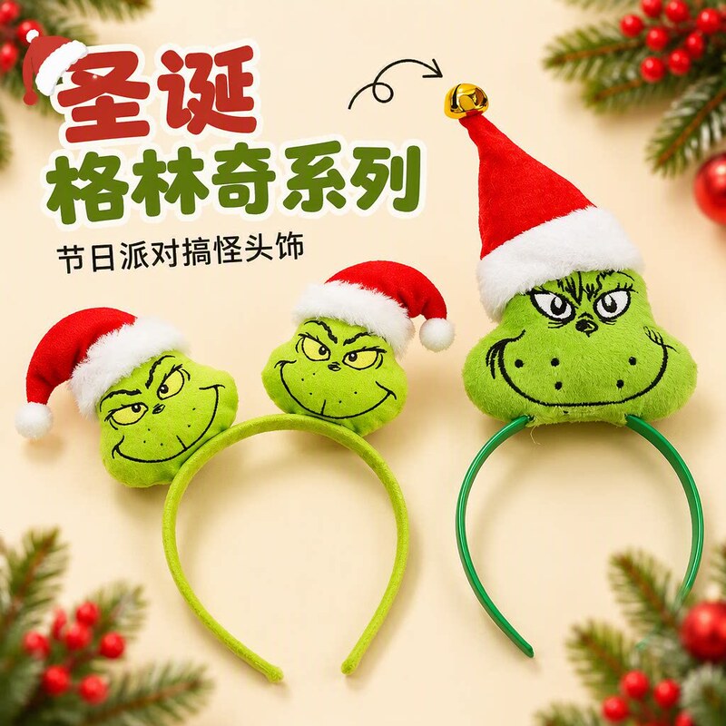 Cross-border Grinch Christmas headband cartoon headwear holiday party decoration prop for children and adults funny headband