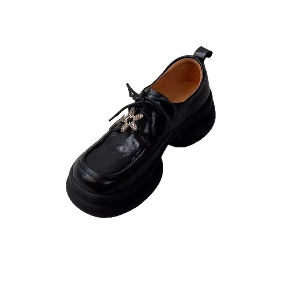2026 primavera nuevo cordón negro zapatos de cuero redondos de suela gruesa zapatos Lefour femenino universal zapatos de estilo británico
