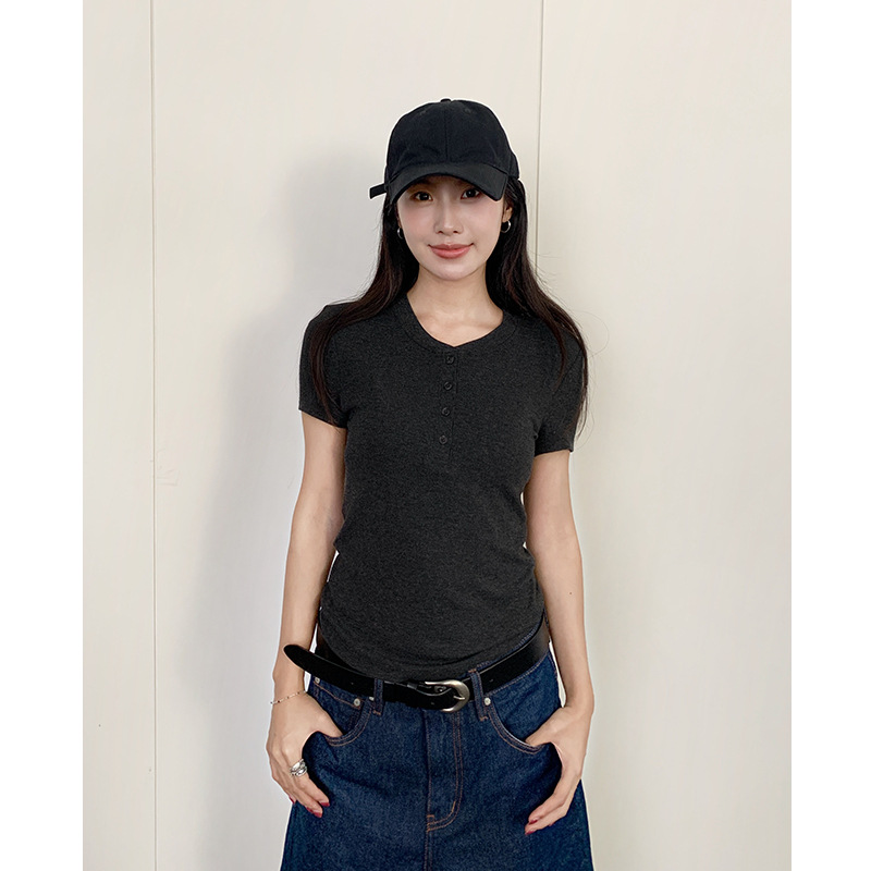 楠涛ウールヘンリーカラー半袖スリムフィット伸縮性Tシャツレディース2025新作薄手若見えインナーウェア