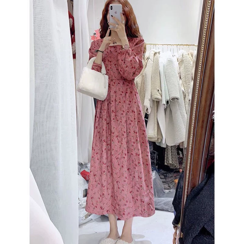 Новая вельветовая юбка макси с цветочным принтом, осенне-зимнее женское платье с завышенной талией, стройнящее, в стиле «фея», цвет розы, 2025 год