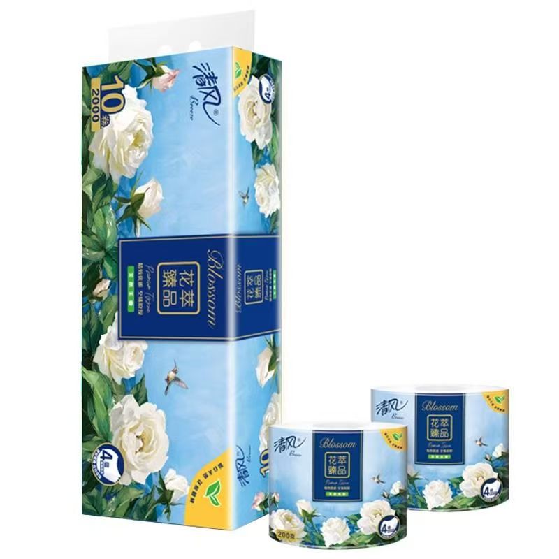 Qingfeng Roll Paper Flower Extract Premium 4-Layer 2000g Natural Unscented Household Cored Roll Paper Toilet Paper 1 Pack 10 Rolls