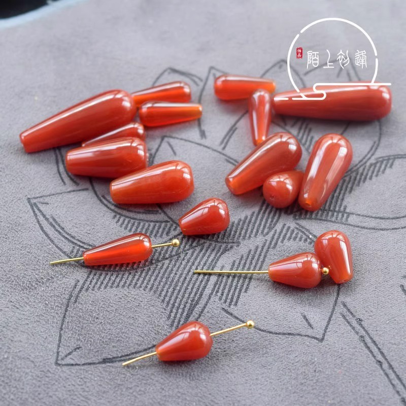 Red Agate Straight Hole Teardrop Bead Multi-Size Teardrop Pendant DIY Ancient Style Hairpin Flower Pendant with Tassel Earring Accessories