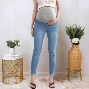 9352 Cross-Border European and American Maternity Jeans, Spring & Fall Pencil Pants, Belly Support Pants, Casual Slimming Look Nine-Point Pants for Outer Wear