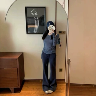 e go studi 奥莉绒内胆螺纹腰系带微喇版型长裤女秋冬休闲拖地裤