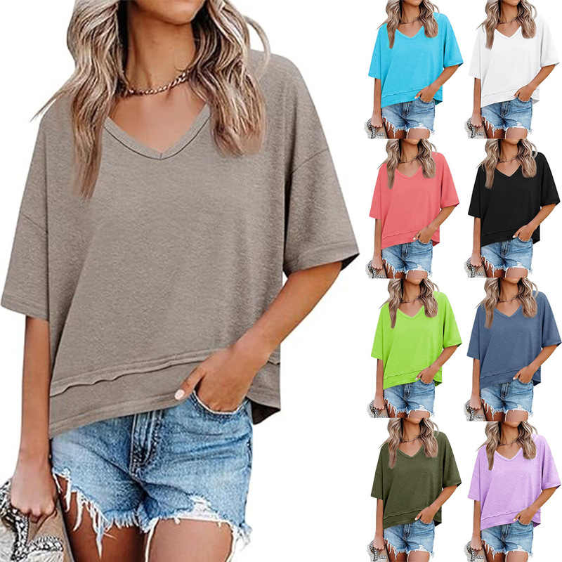 2025 Summer European and American Amazon Cross-Border Women's Short-Sleeved T-Shirt V-Neck Casual Loose Top Fashionable and Comfortable T-Shirt