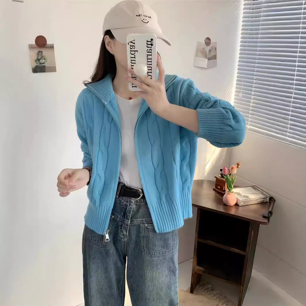 韩系麻花拉链立领毛衣外套女秋冬减龄别致学院风女装针织开衫上衣