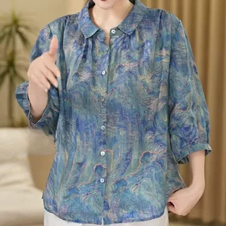 大码女装妈妈夏季民族风衬衫胖mm显瘦上衣遮肚子短袖T恤小衫女