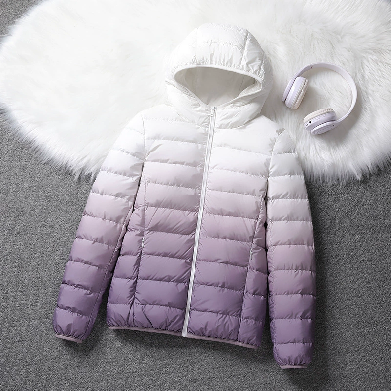 Зимний новый тонкий модный пуховик женский 2024 новый градиентный цвет зимняя модная теплая куртка с капюшоном