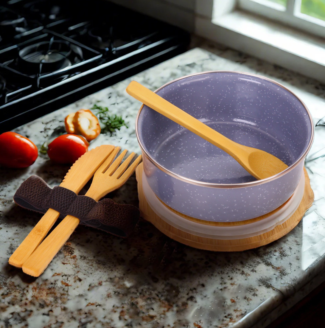 temu亚马逊外贸搪瓷饭盒餐具便当盒套装竹制餐具沙拉碗日式便当盒