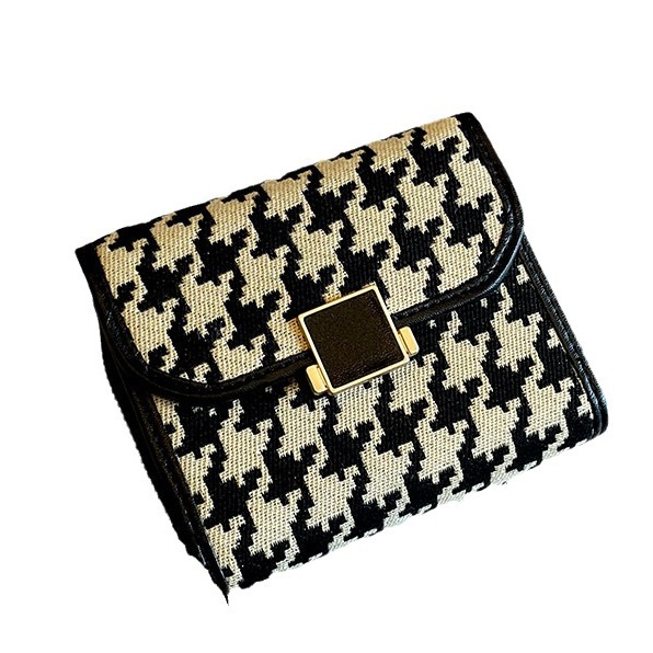 Women's Houndstooth Pattern Short Card Holder Multi Card Slot Wallet Tri Fold Design Bank Card Coin Purse High End Feel_voghion.com