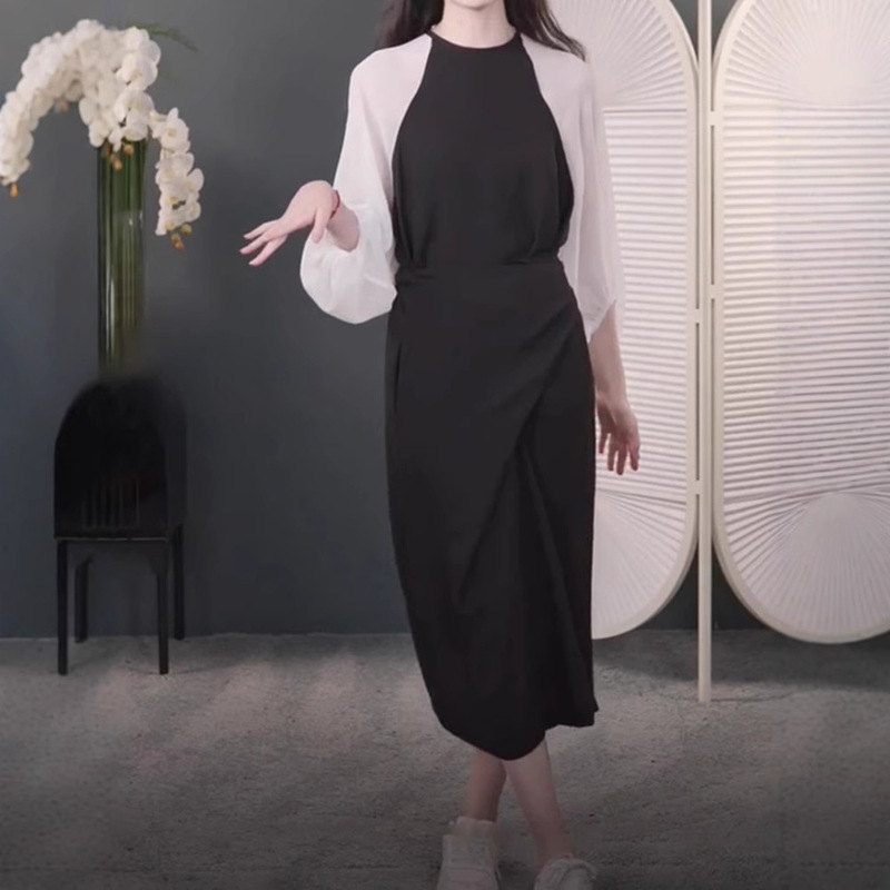 FL231442 summer new black and white stitching dress round neck long sleeve formal occasion skirt women