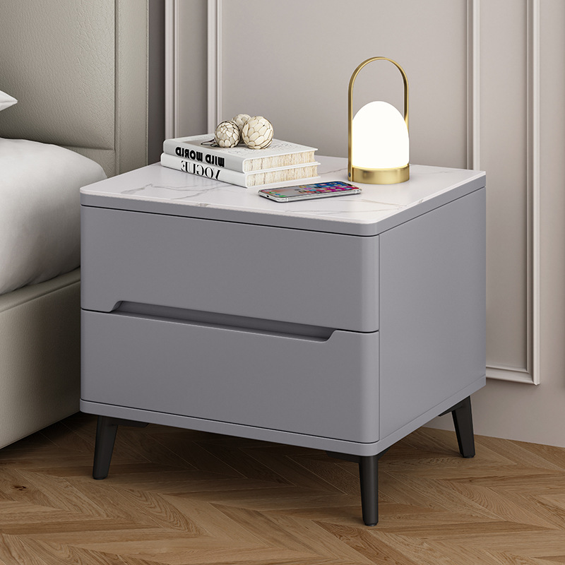 All Solid Wood Slate Bedside Table Simple Modern High-End Paint Storage Cabinet Bedroom Home Bedside Cabinet with Damping