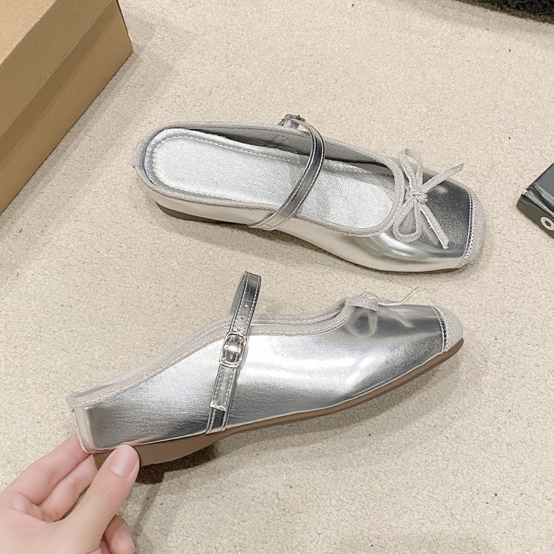 Su Yinyin's Comfortable Top ~ 4cm Inner Height Bow Ballet Shoes Women's Leather Half Slippers