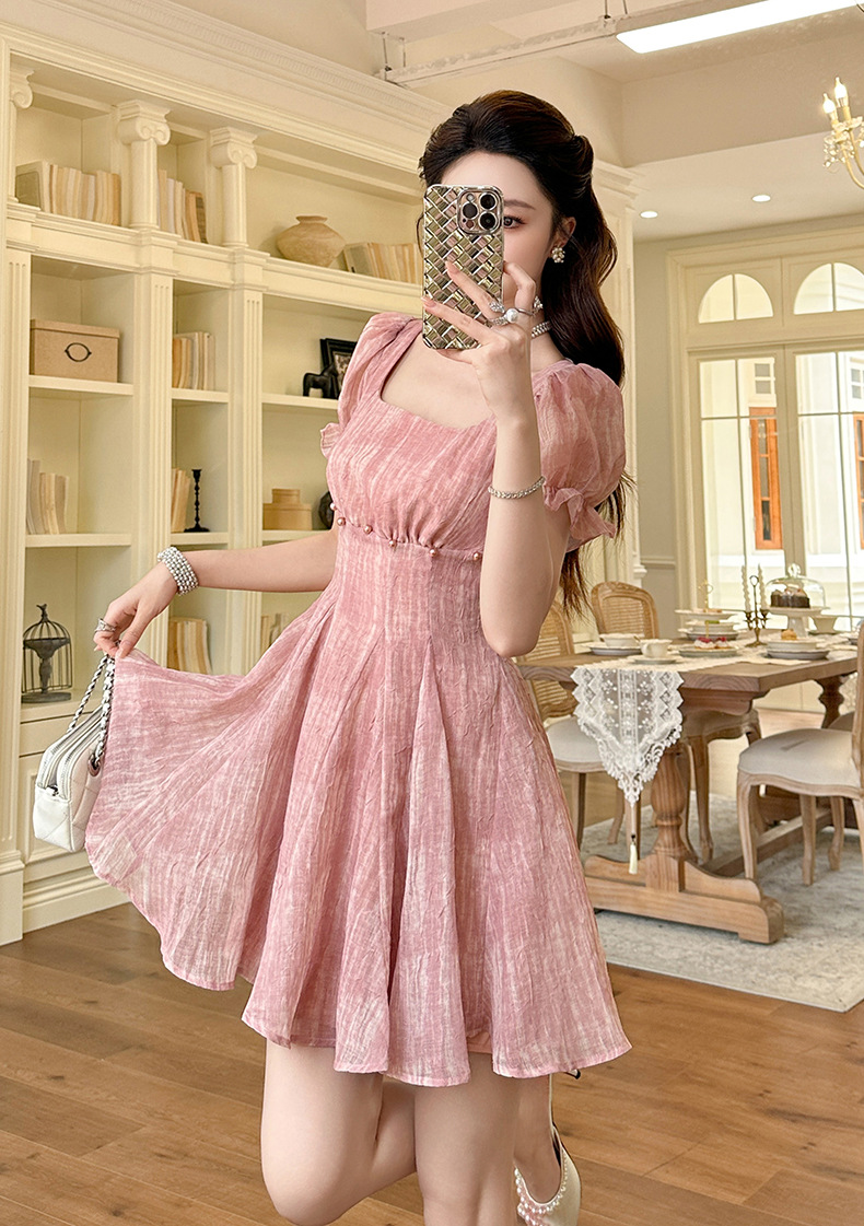 Váy chữ A tay phồng phong cách Pháp thắt eo mùa hè — hồng chi tiết 5