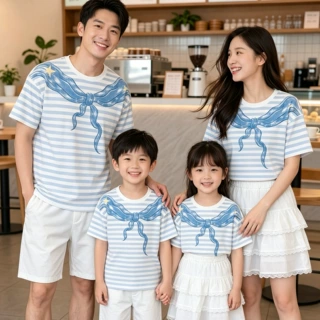 高质量2026条纹夏季新款母女短袖亲子装一家三口套装四口全家装