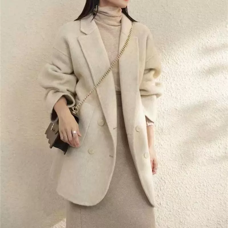 2024新款桑蚕丝双排扣韩版宽松双面羊绒大衣女外套厂家批发