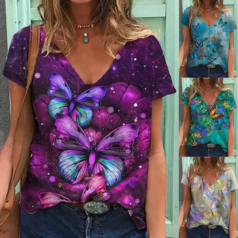 2023 летняя новая Европейская и американская женская одежда Amazon популярная нижняя рубашка с коротким рукавом и принтом бабочки, футболка с коротким рукавом и V-образным вырезом для женщин
