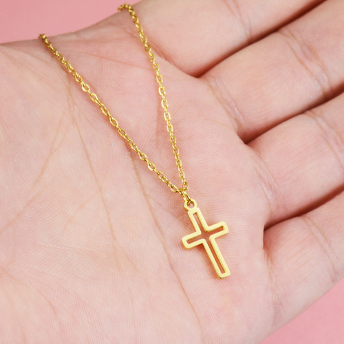 Cross-border best-selling European and American personalized fashionable lockchain with polished stainless steel hollow cross pendant simple necklace