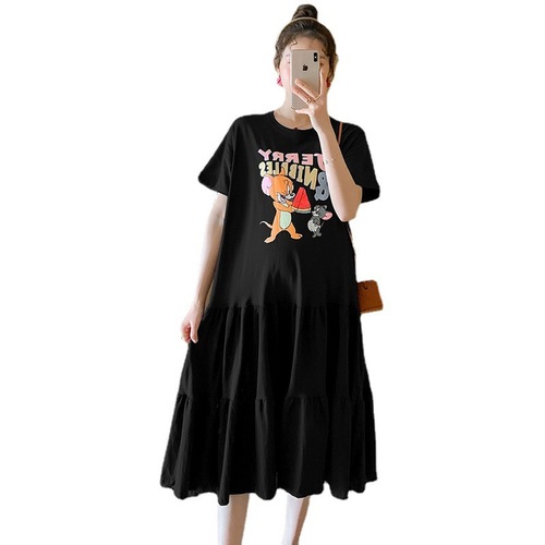 Pregnant women's summer dress, new plus-size loose short-sleeved skirt, summer T-shirt, outerwear, trendy mom, medium-length dress