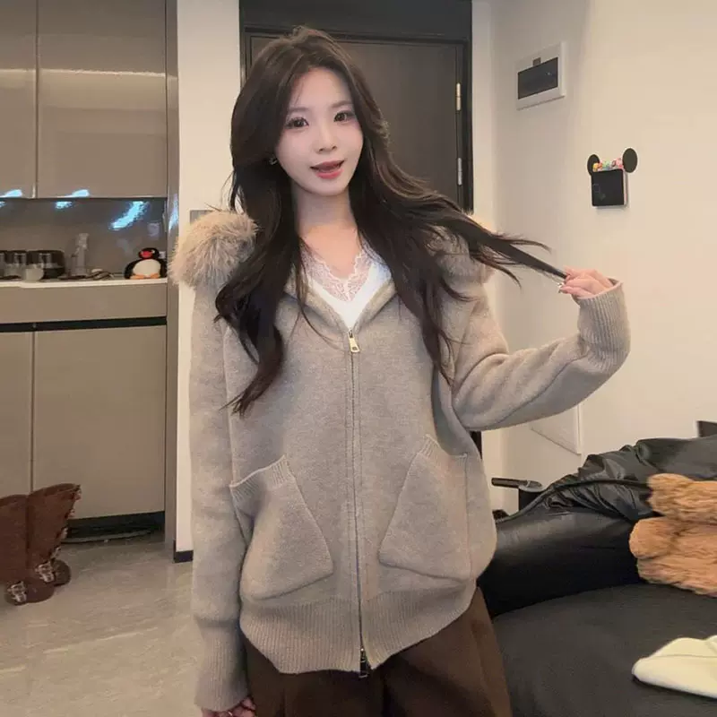 美式复古连帽毛领气质长袖卡其色毛衣外套女秋季宽松休闲针织上衣