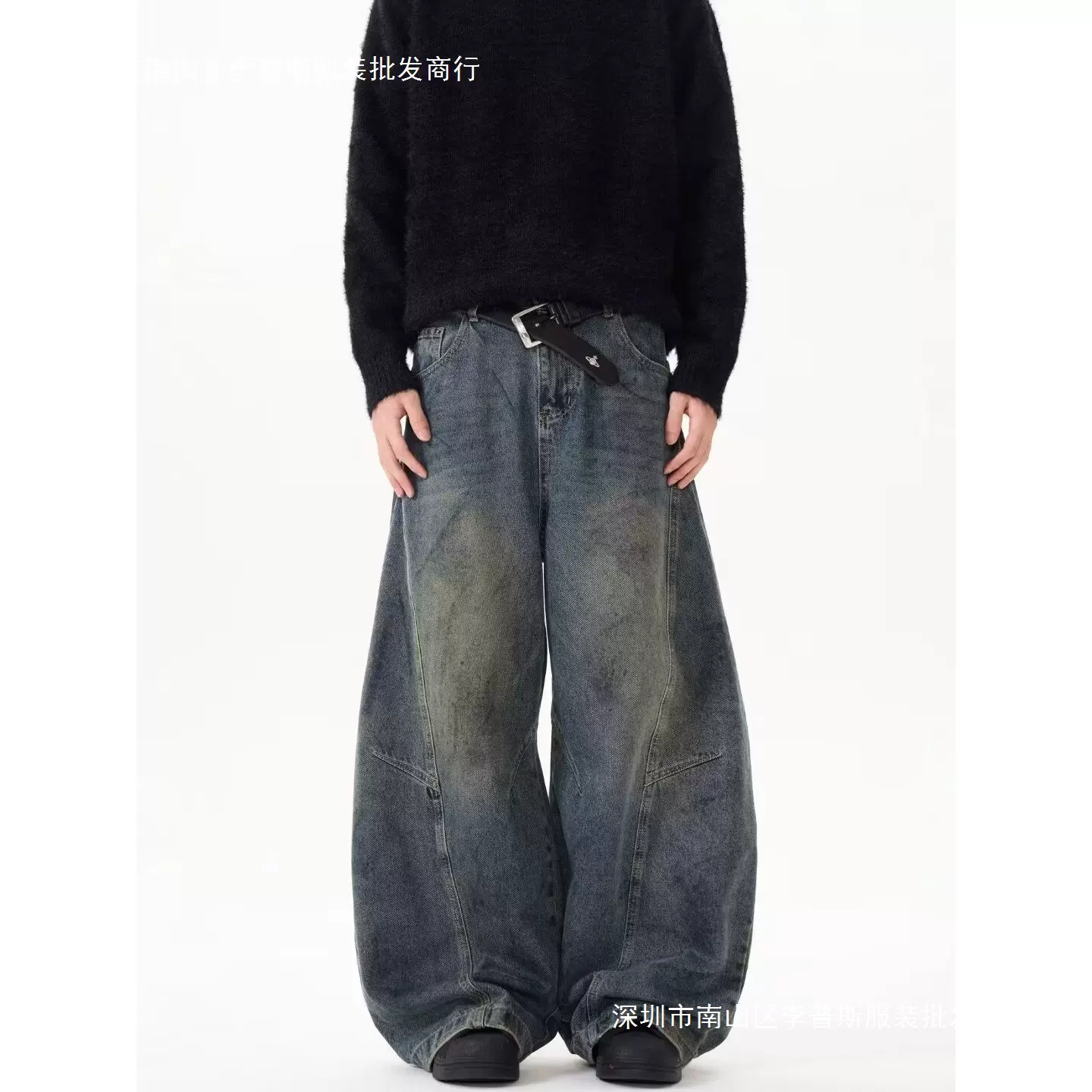 复古水洗解构弯刀牛仔裤男生宽松直筒美式休闲阔腿小众拖地裤子潮