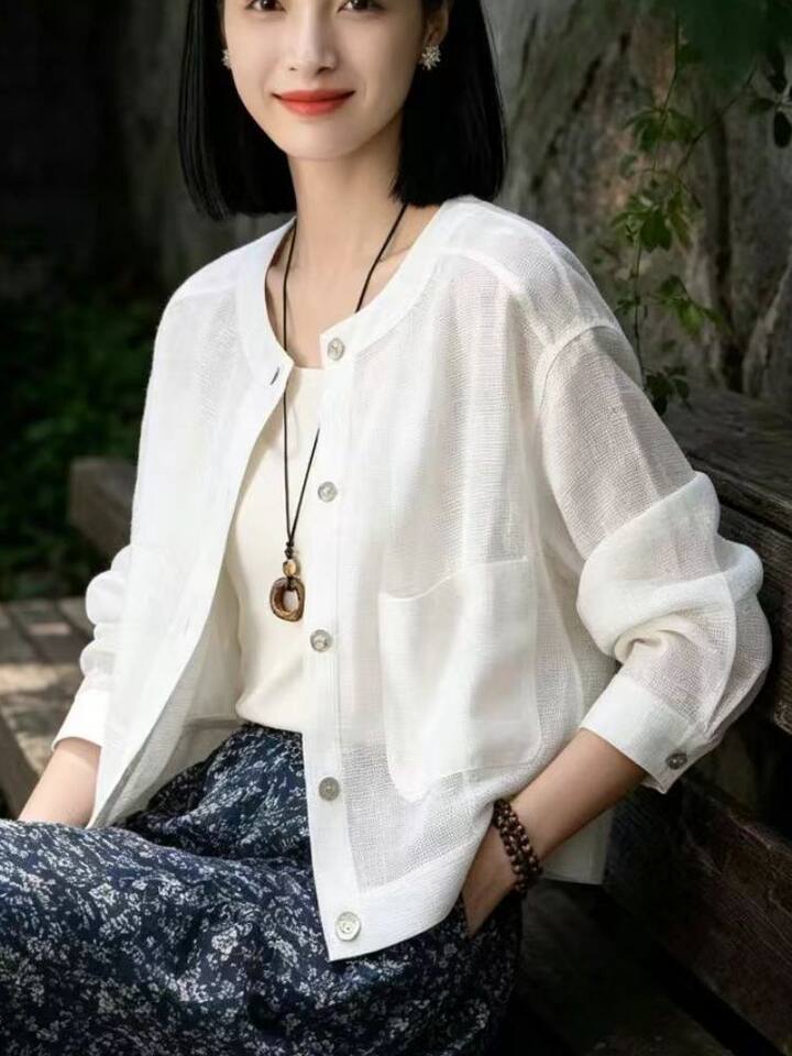 Áo khoác nữ ngắn cổ tròn dáng rộng nhẹ thoáng phong cách công sở — Áo khoác màu lanh nguyên bản (chất lượng cao), Áo khoác trắng (chất lượng cao) chi tiết 13