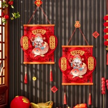2026新年装饰挂件春节过年元旦大门玄关场景摇头财神节日实木挂饰