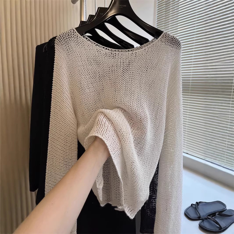 Lazy and relaxed natural thick woven simple linen woven hollow long sleeve small short knitted blouse wholesale