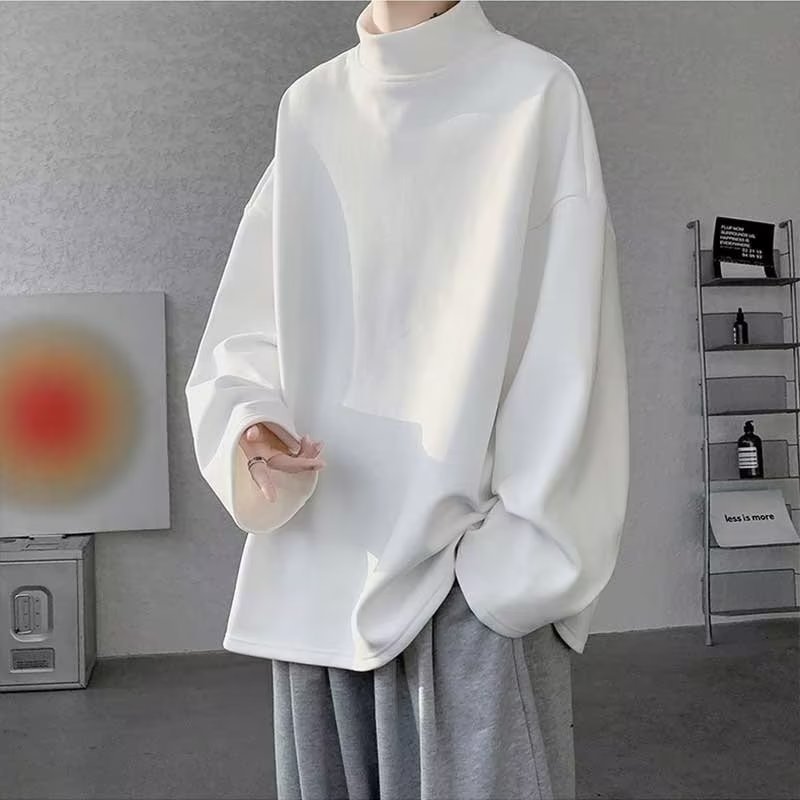 빈티지 아메리칸 롱 슬리브 티셔츠 특대 가을 남성용 하이 센스 세미 하이 칼라 베이스 셔츠 남성용 헤어