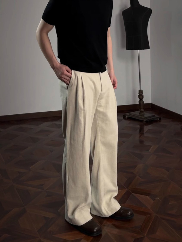 【オクリン】立体プリーツ仕立ての高級リネンAラインパンツ、総裏地付き、新作高級秋スタイル|undefined
