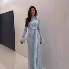 2025年春季新款欧美跨境清新淡雅高贵长袖长裙柔美礼服连衣裙女