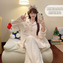 2015新款珊瑚绒睡衣女加厚甜美开衫可外穿法兰绒绒保暖家居服套装