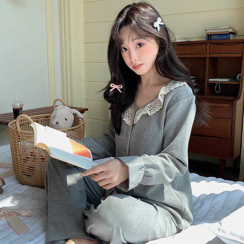 带胸垫睡衣女秋冬新款保暖长袖羊绒蚕丝宽松韩系甜美花边家居服|undefined