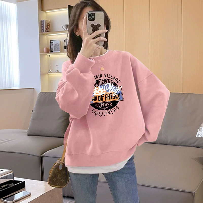 2023 новый свитер с круглым вырезом, Женский Топ, Свободный Повседневный Модный Универсальный теплый на флисовой подкладке, утепленная осень и зима