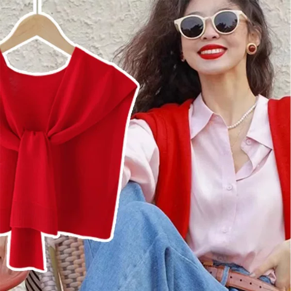 Internet Red Air Conditioning Shawl Women's External Wear Simple Korean Decorative Knitted New Year Red Four Seasons Waistcoat Neck Protection