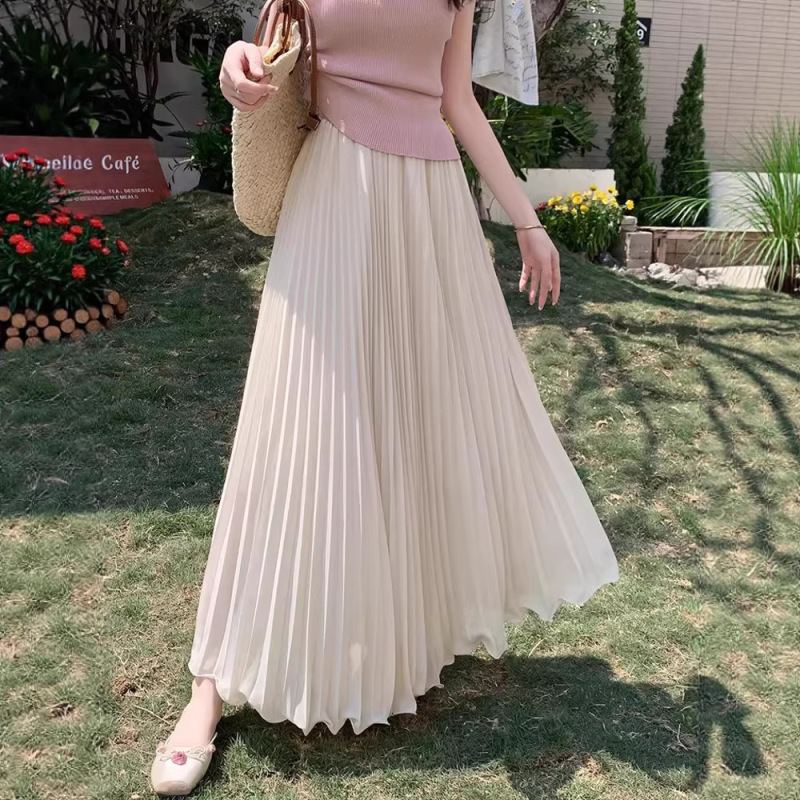 White Chiffon Skirt for Women, Spring and Summer, Elastic Waist, High-Waisted, Slimming, Large Hem, Pleated, Long A-Line Skirt