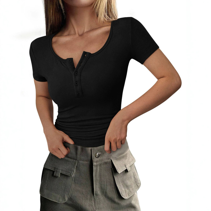 Amazon Fashion Women's Short Sleeve 2026 Autumn Slim Fit Henley Neck Ribbed Basic T-Shirt