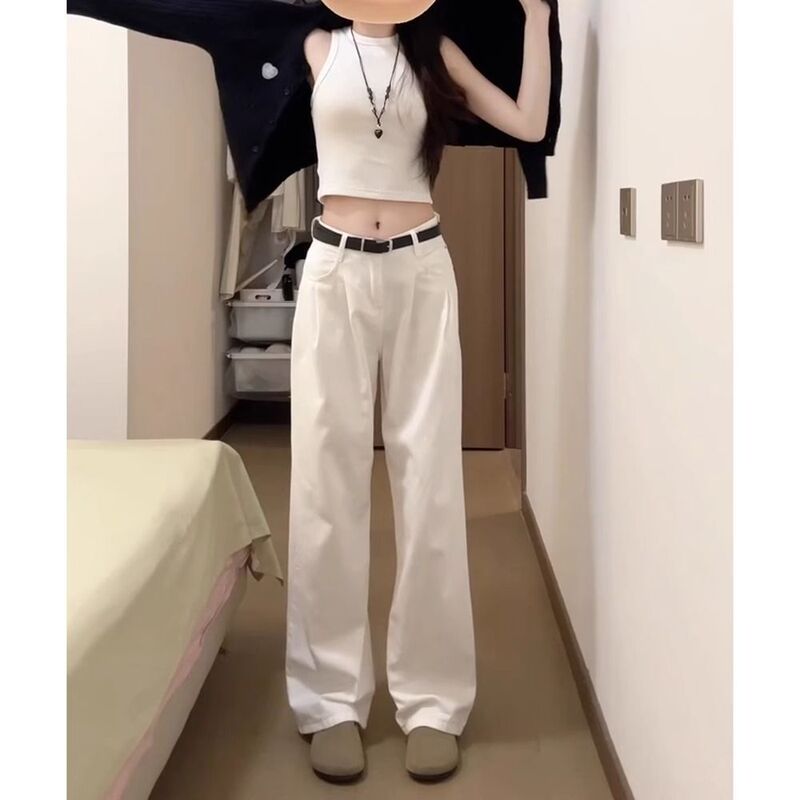 Korean Style Age-Reducing White Wide-Leg Jeans Women's 2024 Spring and Autumn New Retro Loose Dipped Straight Pants
