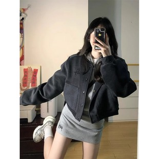 Autumn Woolen Short Baseball Jacket, Right Shoulder Jacket, Women's Korean Style Early Autumn Outfit Suit, Small Jacket, Thickened