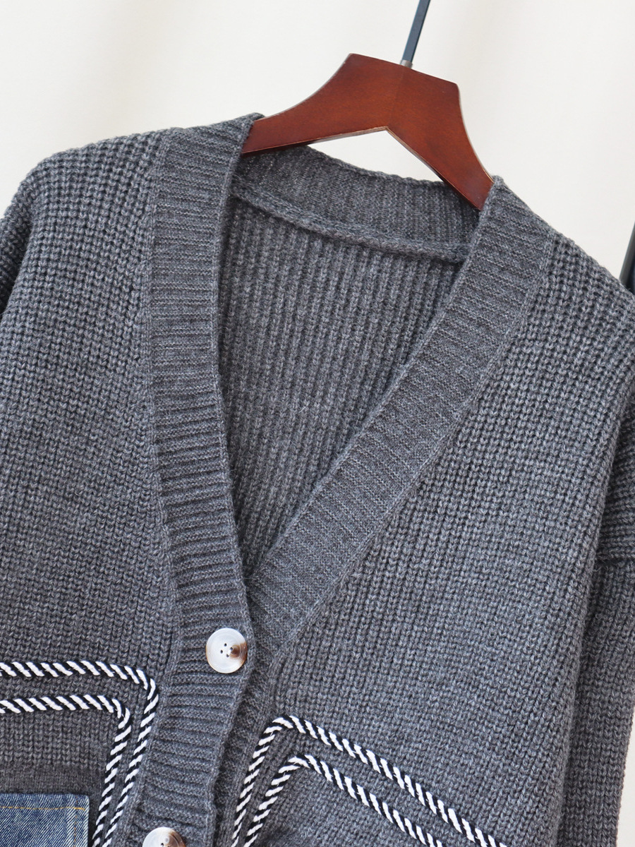 Suéter Cárdigan de Punto con Diseño Holgado y Estilo Coreano, Otoño/Invierno 2025, Chaqueta de Mezclilla con Parches para Mujer, a la Moda