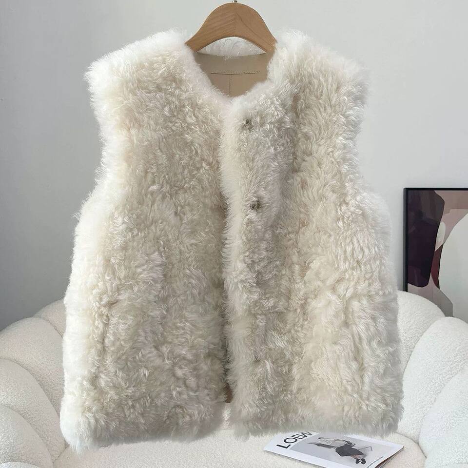 Áo vest nữ không tay cổ tròn giả lông cừu phối lông thú, dáng gile khoác ngoài — Trắng, màu lúa mì, quả mơ chi tiết 10
