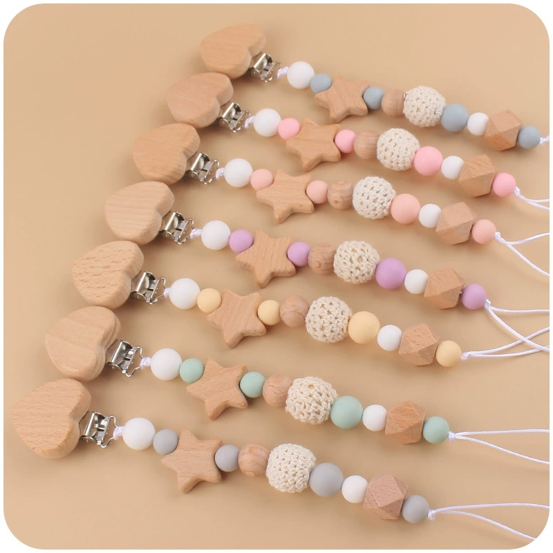 Новый Детский мультфильм Персиковое сердце Буковый деревянный зажим, чтобы успокоить ребенка DIY звезда зубной клей укус соска цепь анти-капля