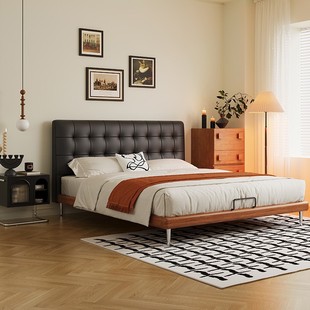 Italian Minimalist Black Waffle Master Bedroom Leather Bed Retro High-End Atmospheric Ash Wood Retro Solid Wood Soft Bed