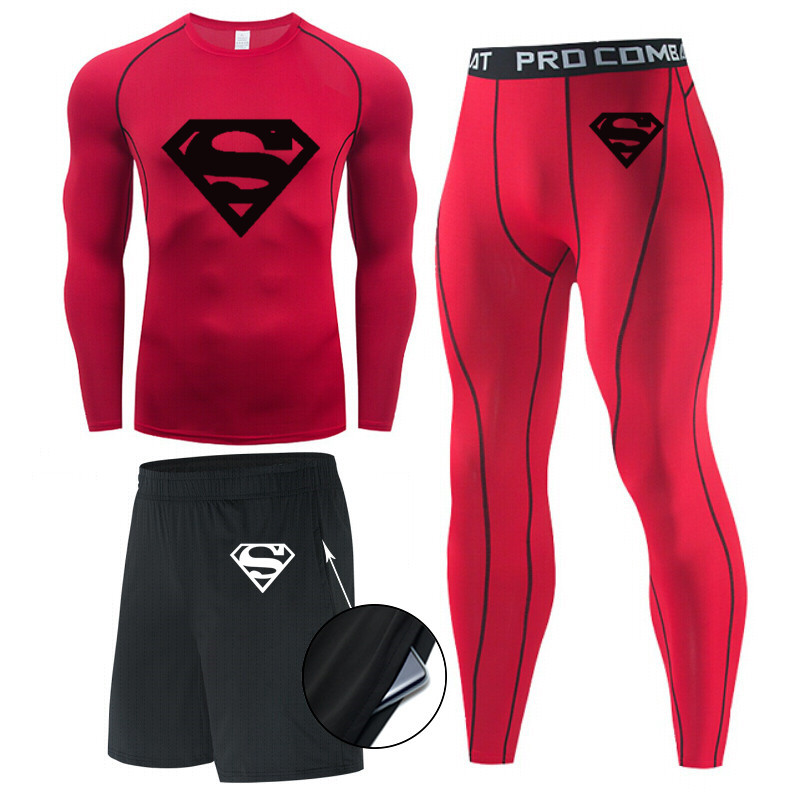 Traje de hombre de compresión de tres piezas de secado rápido medias de manga corta para correr traje deportivo ropa de entrenamiento de baloncesto gimnasio