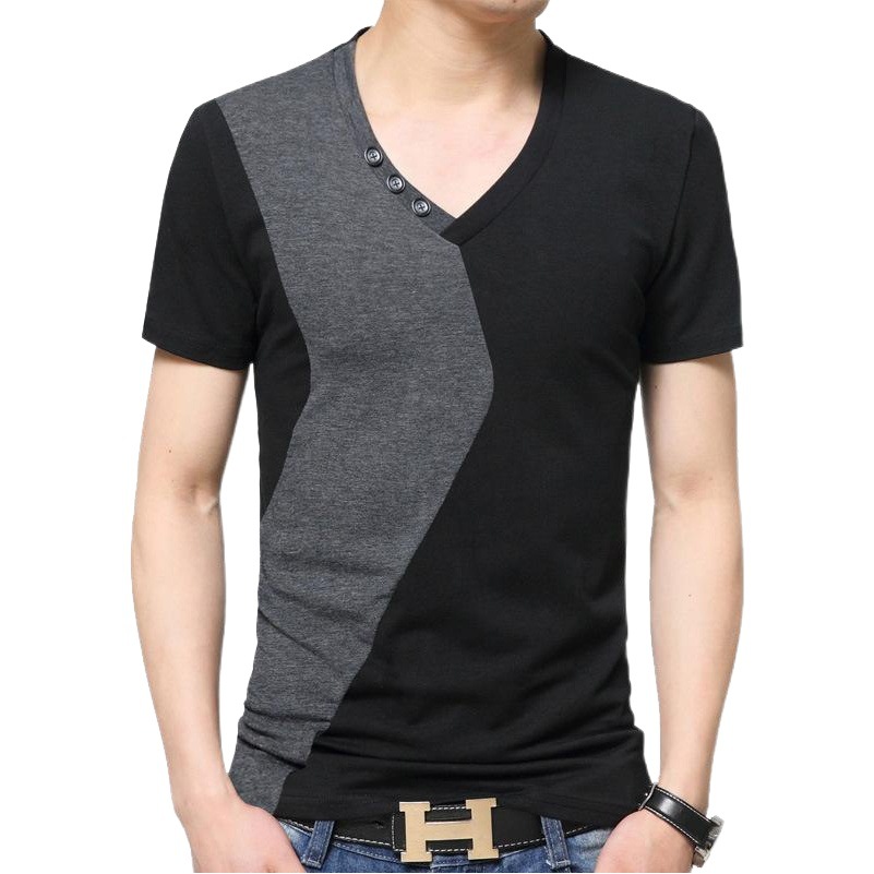 [En stock] Camiseta de manga corta de verano de algodón para hombre más tamaño contraste color cuello en V Camiseta de manga corta moda casual moda 6820