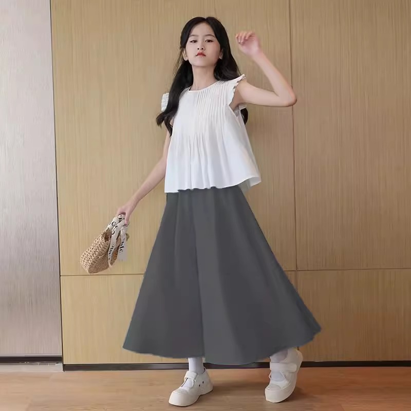 Girls' Suit 2024 Thin Style Children's 2025 New Summer Dress Skirt Pants Stylish Dress for Medium and Large Children Ice Silk Skirt