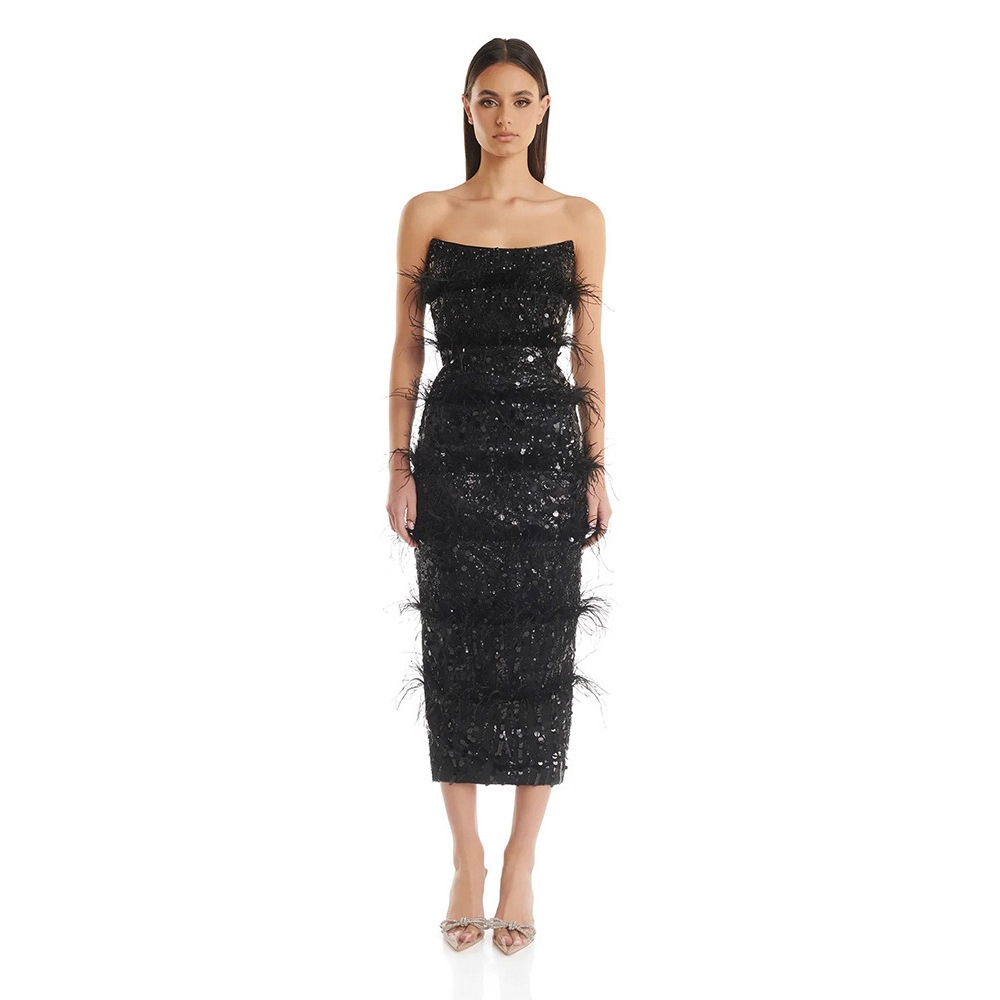 Independent Foreign Trade Women's High-End Sequin Sexy Off-Shoulder Ostrich Feather Strapless Dress Slim Elegant Gown