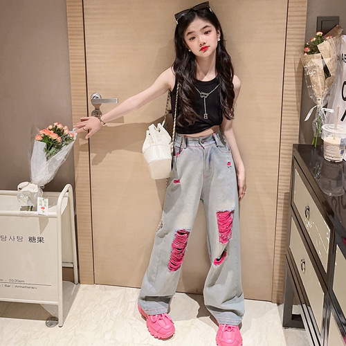 Girls 2024 Summer New Pink Ripped Jeans Autumn Loose Straight American Wide Leg Pants Trendy Children's Pants